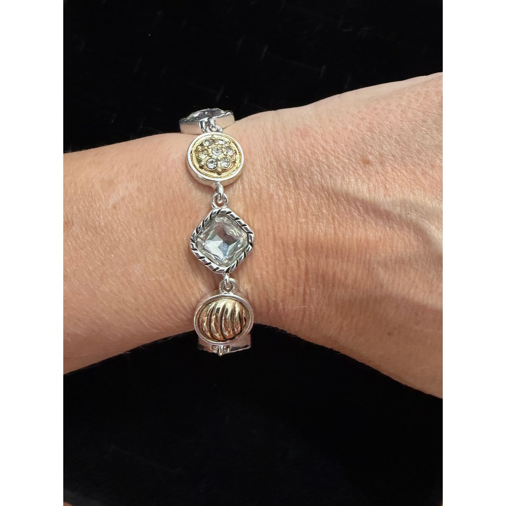 Mixed Metal Crystal Rhinestone Toggle Link Bracelet Silver Gold Tone Glam